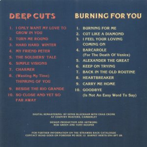 Deep Cuts/Burning For You CD back of booklet